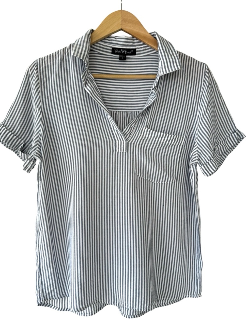 Velvet Heart Blouse. Gray / White Striped Linen Type Material. Never Worn!
